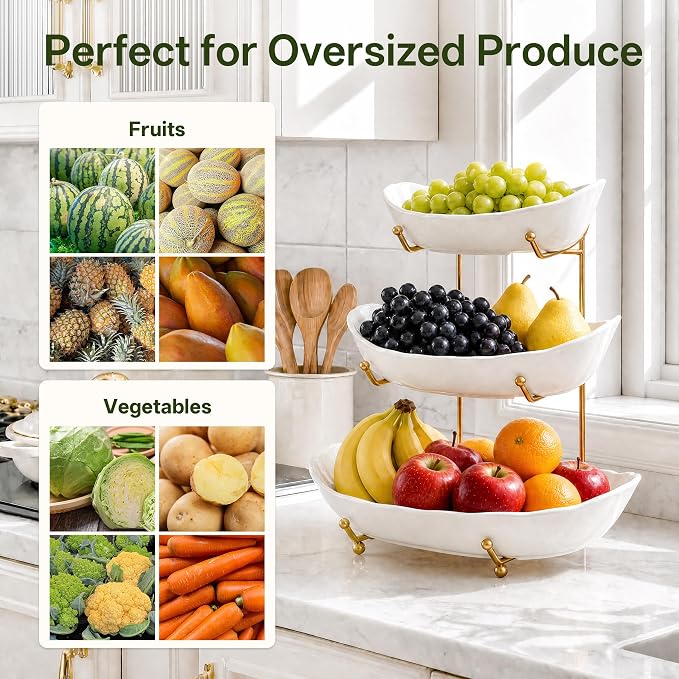 HBlife Large Fruit Bowl for Kitchen Counter - 3 Tier Fruit Basket with Gold Metal Stand, Ceramic Fruit Holder, Tiered Serving Trays for Party