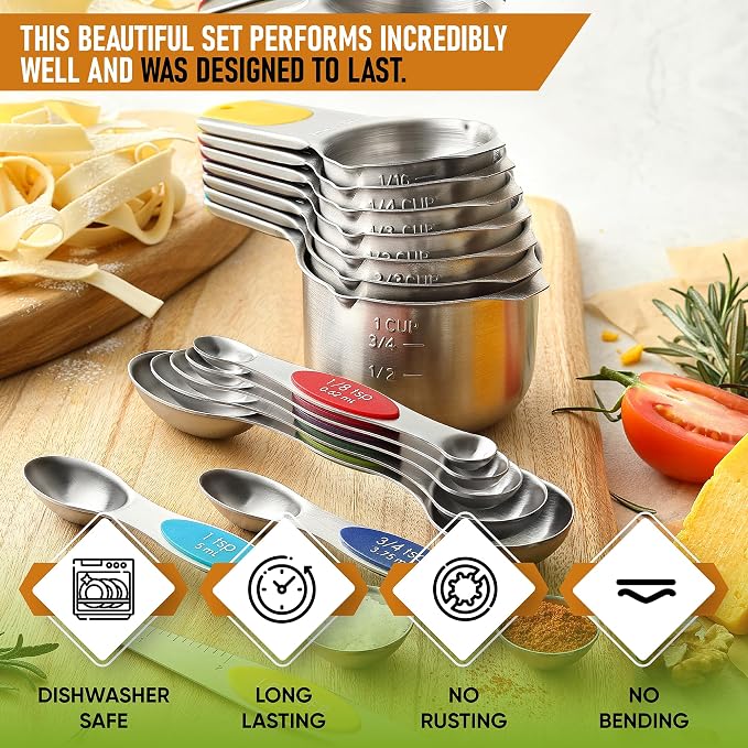 Spring Chef 15 Magnetic Measuring Cups & Spoons Set, Patented, Multicolor | Stackable Stainless Steel Measuring Cups & Heavy Duty Metal Measuring Spoons with Levelers for Dry & Liquid Ingredients