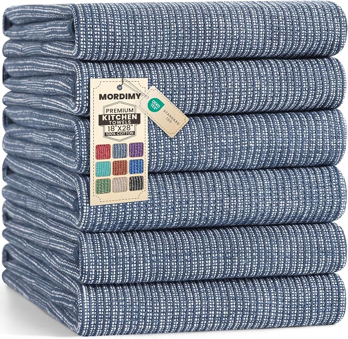 Mordimy Premium Large Cotton Kitchen Towels (18"x 28", 6 Pack), Navy Blue | 100% Ring Spun Cotton, Super Absorbent, 380 GSM, Flat & Terry, Soft, Hanging Loop Dish Towels