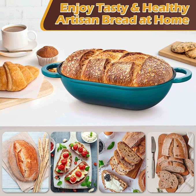 Homikit Enameled Cast Iron Dutch Oven for Bread Baking, 2.8 QT Oval Bread Oven Pot with Lid, 9.5 x 5.7 Inch Sourdough Loaf Baking Pan for Homemade Bread, Heavy Duty & Oven Safe, Dark Green