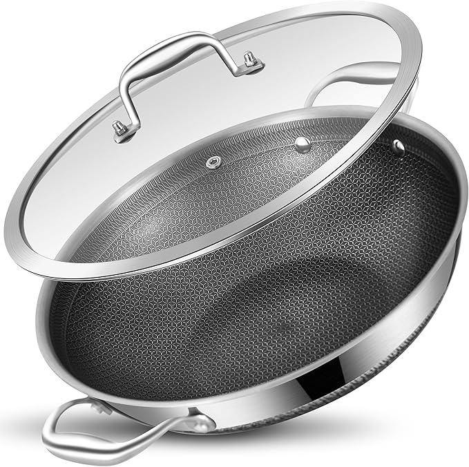 LOLYKITCH Hybird Nonstick Wok Pan with Lid | 13-Inch | Rivented Handle | Non Toxic | Tri-Ply Stainless Steel | Ceramic Coating | Stir Fry Pan | Induction Compatible | Dishwasher & Oven Safe