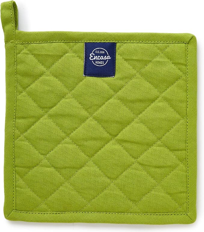 Encasa XO Pot Holders, Quilted Kitchen Hot Pads 8"x8" Lime Green | 100% Heavyweight Cotton | Quilted Insulation | Multipurpose Trivets & Hot Pads | Hanging Loop | Set of 2