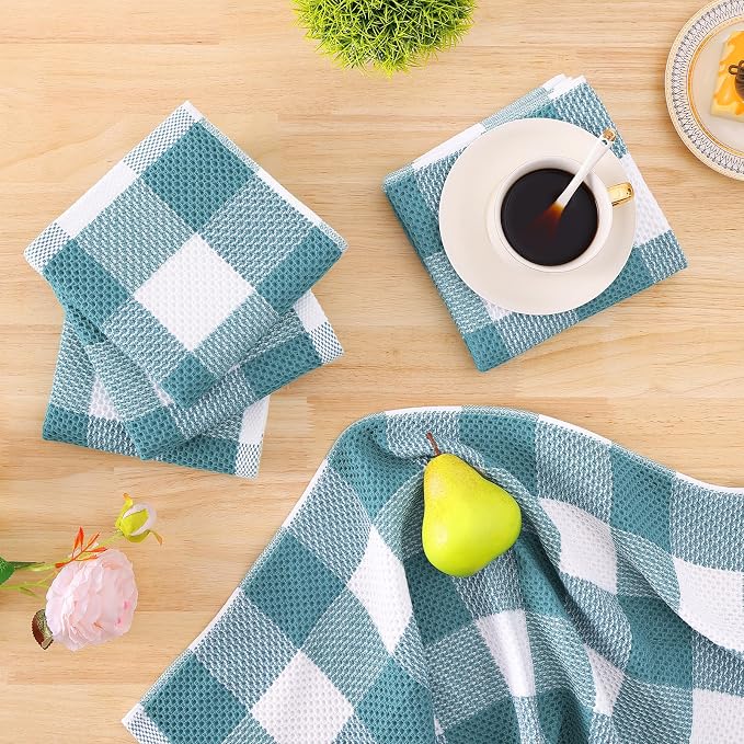Homaxy Kitchen Towels and Dishcloths Set, Set of 8, White & Lake Blue | Bulk Cotton Waffle Weave Check Plaid Kitchen Towels, Super Soft and Absorbent Dish Cloths, 12 x 12 and 13 x 28 Inches