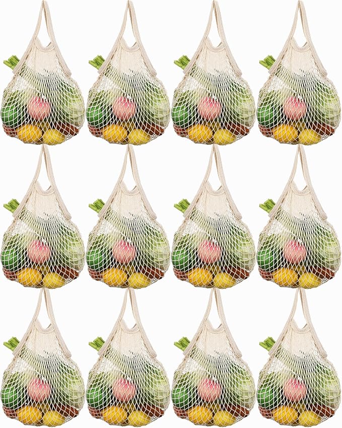 Eccliy 12 Pcs Reusable Mesh Grocery Bags Portable Cotton Produce Containers Washable Net Mesh Tote Bag Handle String Shopping(Beige)
