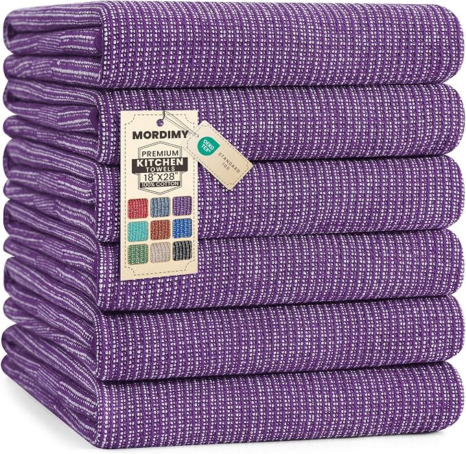Mordimy Premium Large Cotton Kitchen Towels (18"x 28", 6 Pack), Purple | 100% Ring Spun Cotton, Super Absorbent, 380 GSM, Flat & Terry, Soft, Hanging Loop Dish Towels