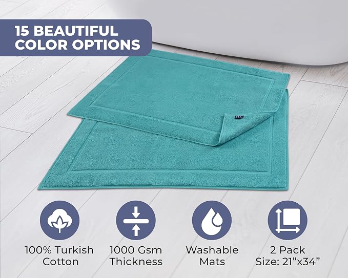 Hawmam Linen Teal Turquoise Bath Mats, 21 x 34 inches, Pack of 2-100% Ring Spun Cotton,[Not a Bathroom Rug] Banded Design, Highly Absorbent, Machine Washable for Bathroom Floor Towel