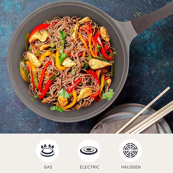 Neoflam Eela 12'' Non Stick Chef's Wok with Glass Lid, Stir Fry Pan and POFA-Free Ceramic Coating for Cooking Saute Vegetables, Meat, Fish, 12 inch, Deep Blue (Handle assemble required)