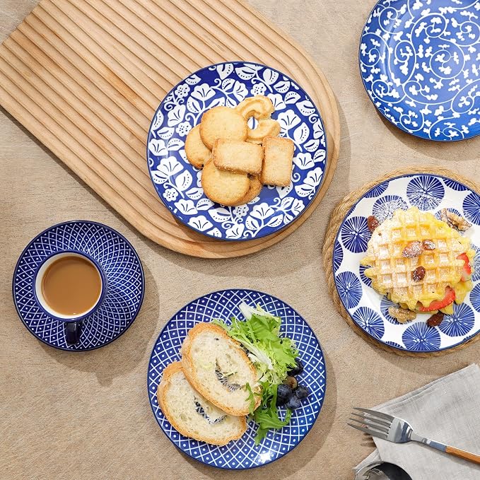 Selamica Ceramic Dessert Plates Set of 6, 6 Inch Small Plates, Vintage Blue | Appetizer Plates for Kitchen, Microwave & Dishwasher Safe
