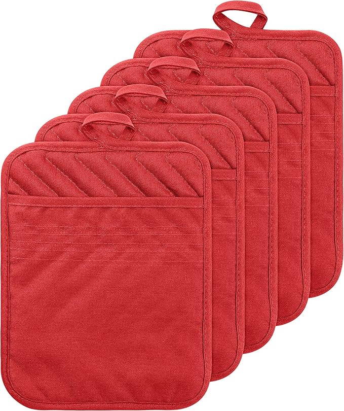 5Pack Pocket Pot Holders Cotton Heat Resistant Potholder Multipurpose Hot Pads Machine Washable Oven Mitts Potholders Bulk for Daily Kitchen Baking and Cooking 7 x 9 Inch Red