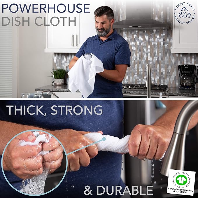 GOTS Certified 100% Organic Flour Sack Cotton Kitchen Hand and Dish Towel Sets - Extra Large 27x27 inches, Fully Hemmed, 12-Pack, White