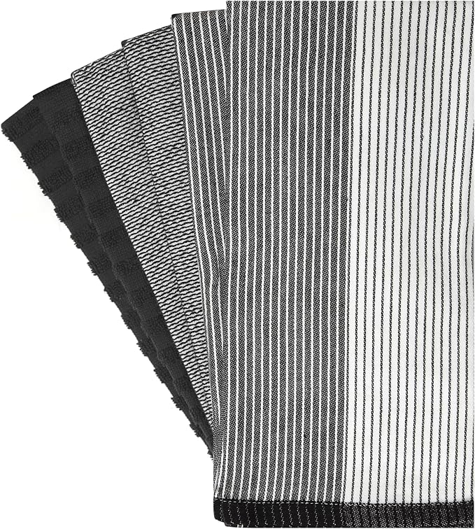 Premium Kitchen Towels 6 Pack 100% Cotton, 20"x28" Dish Towels - Black | Large Flat & Terry Kitchen Linen Set with Hanging Loops, Highly Absorbent for Washing and Drying Dishes