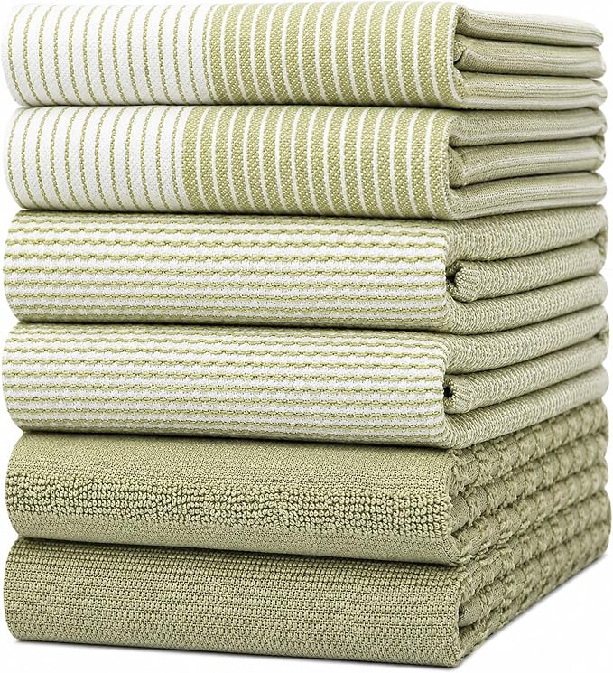 Premium Kitchen Towels 6 Pack 100% Cotton, 20"x28" Dish Towels - Sage | Large Flat & Terry Kitchen Linen Set with Hanging Loops, Highly Absorbent for Washing and Drying Dishes