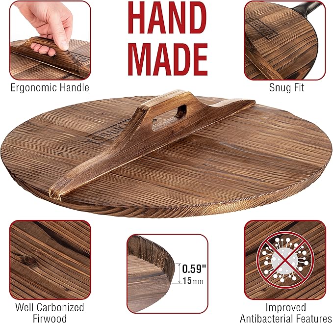 YOSUKATA Carbon Steel Wok Pan 14 in + Premium Wok Cover 14 inch Pan Lid - Wooden Lid 14 in with Ergonomic Handle