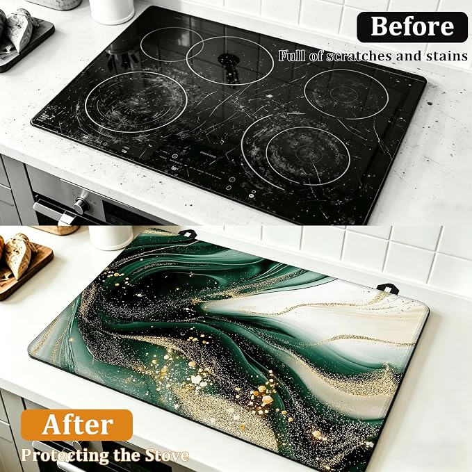 Electric Stove Top Cover,Green Gold Marble Stove Cover for Glass Top Electric Stove,Modern Heat Resistant Flat Top Stove Mat Countertop Protector, 28 x 20 Inch
