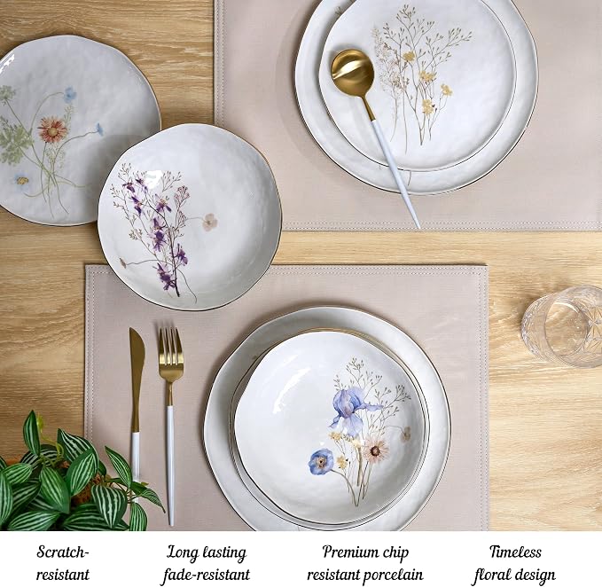 Sango 12-Piece Luxury Porcelain Dinnerware Set for 4- Glossy White Plates and Bowls Sets with Wildflower Patterns and Gold Rims, Ceramic Dish Set, Elegant Dishes for Everyday Dining, Gansevoort