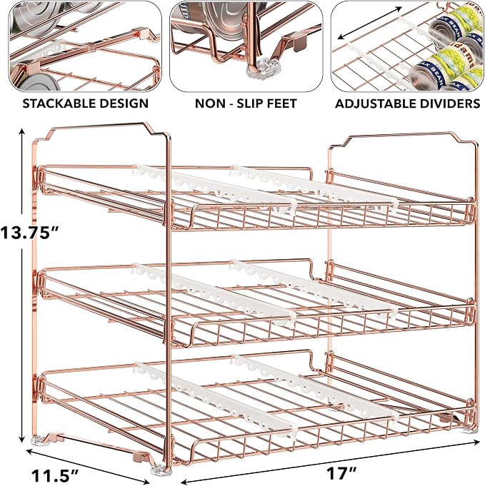 Simple Houseware 3-Tier Stackable Can Organizer Rack 36 Cans, Rose Gold | Can Food Storage Dispenser for Pantry/Cabinet, Adjustable Dividers – 11.5" D x 17" W x 13.75" H