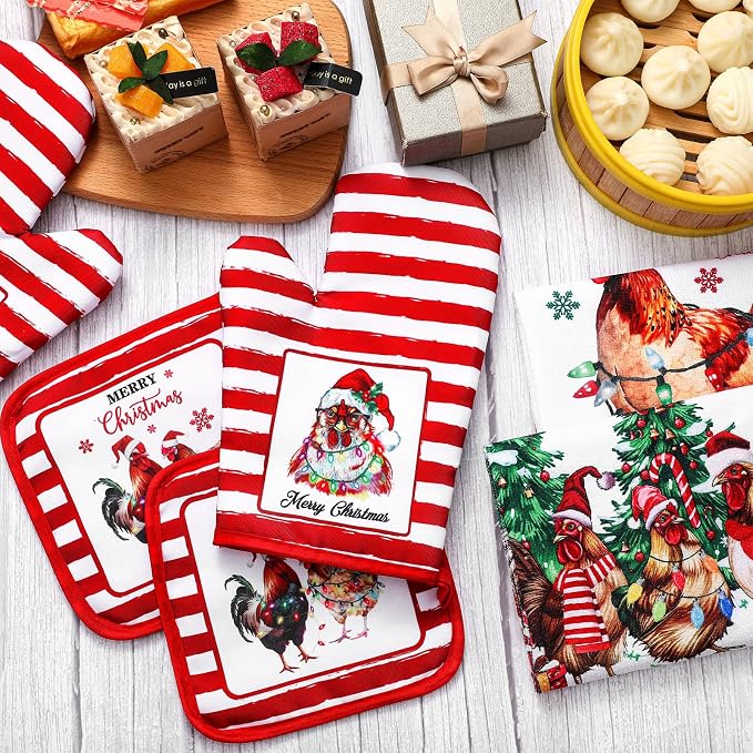 Leinuosen 6 Christmas Chicken Farmhouse Kitchen Decor Dish Towels Oven Mitts and Pot Holders Sets Chicken Kitchen Towels Absorbent Decorative Accessories for Cooking Baking Grilling
