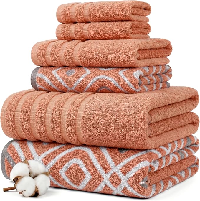 Modern Threads 6 Piece Bath Towel Set – Bathroom Set with 2 Bath Towels, 2 Hand Towels, and 2 Wash Cloths – 100% Cotton, Super Absorbent & Extra Soft – Reversible Classic Diamond (Rust Orange)