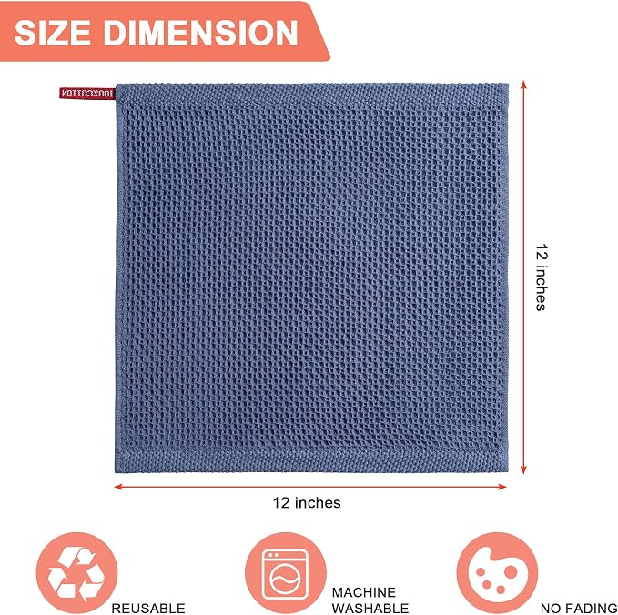 Kitchen Towels 8-Pack Kitchen Dish Cloths,100% Cotton,12x12 In,Navy Blue | Towels Waffle Weave,Ultra Soft Absorbent, Quick Drying