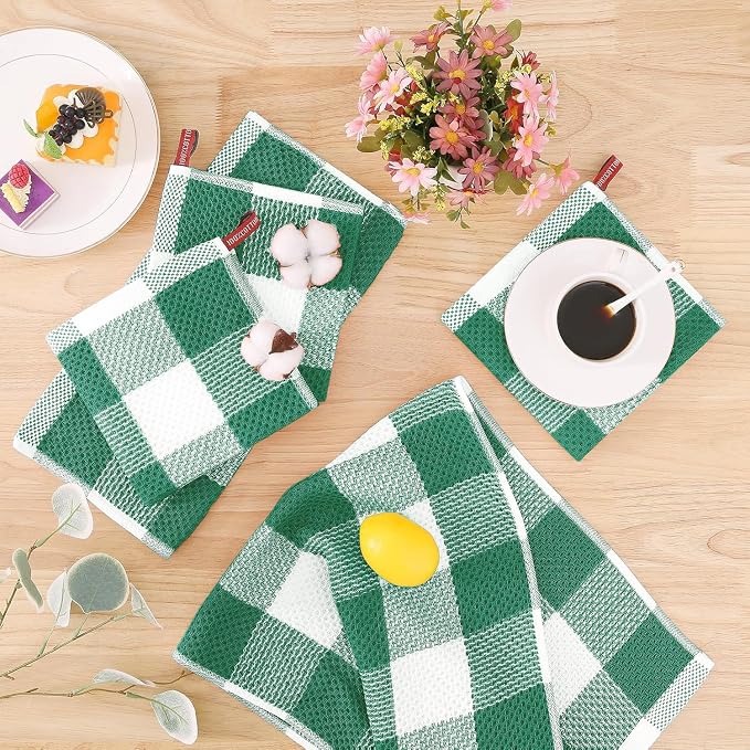 Homaxy Kitchen Towels and Dishcloths Set, Set of 12, White & Dark Green | Bulk Cotton Waffle Weave Check Plaid Kitchen Towels, Super Soft and Absorbent Dish Cloths, 12 x 12 and 13 x 28 Inches