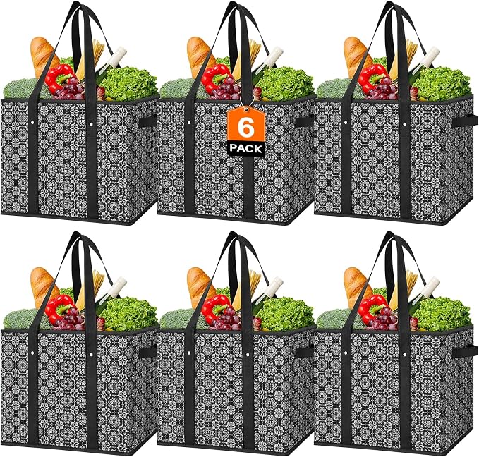 Reusable Grocery Bags 6 Pack, Foldable & Water Resistant Shopping Bags | Large Grocery Tote Bag Water Resistant Shopping Bags Foldable Grocery Bag for Clothes,Shoes and Picnic