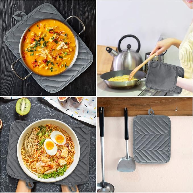 R HORSE 6 Pack Gray Pot Holders with Pocket for Kitchen, 7''x 9'' | Cotton Potholders, Heat Resistant Oven Mitts, Non-slip Terry Cloth Trivet, Ideal for Baking, Cooking, Machine Wash