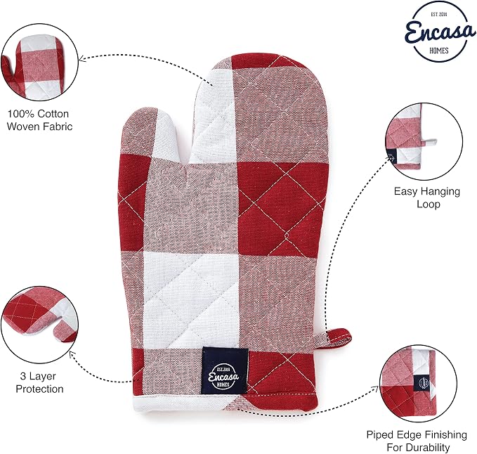 Encasa XO Oven Mitts, Heat Resistant Kitchen Gloves, Microwave | Buffalo Red Checks, 100% Cotton | Diamond Quilted Insulation | Pot Holders | Hanging Loop | Barbecue & Grill | Set of 2
