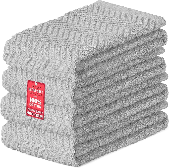 100% Cotton Kitchen Towels 15x25 in, Light Grey Set (Pack of 4)