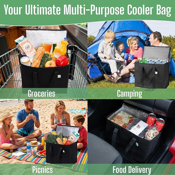 VENO 2 Pack Cooler Bag Insulated Grocery Bags for Food Delivery Heavy Duty | Large Collapsible Cooler, Reusable Shopping Tote w/ Zippers, Foldable, Stands Upright, for Groceries Camping (Black, 2 Pack)