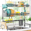 Sakugi Over The Sink Dish Drying Rack - Adjustable 3 Tier XX-Large Capacity Stainless Steel Drainer with Cutlery & Utensil Holders, Kitchen Storage & Organization, 31.5"-39.5"L x 12"W x 30.5"H, Gray
