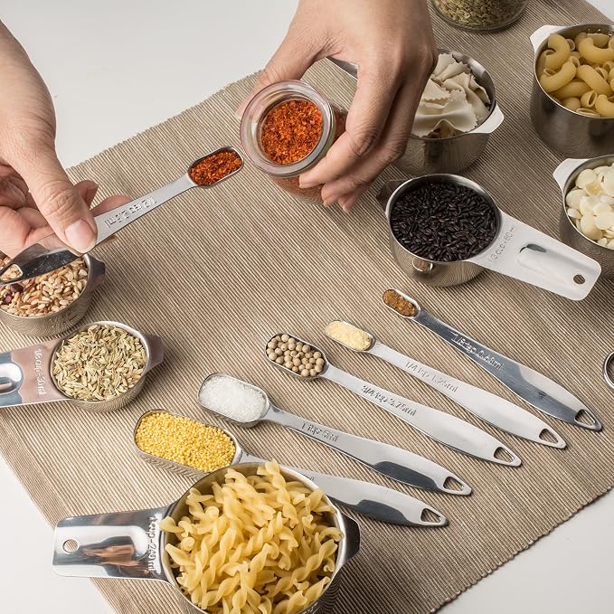 13-Piece Measuring Cups and Spoons Set, 18/8 Stainless Steel, Silver | Clearly Marked US and Metric Measurements, 7 Cups and 6 Spoons Nest for Dry and Wet Ingredients in Cooking and Baking