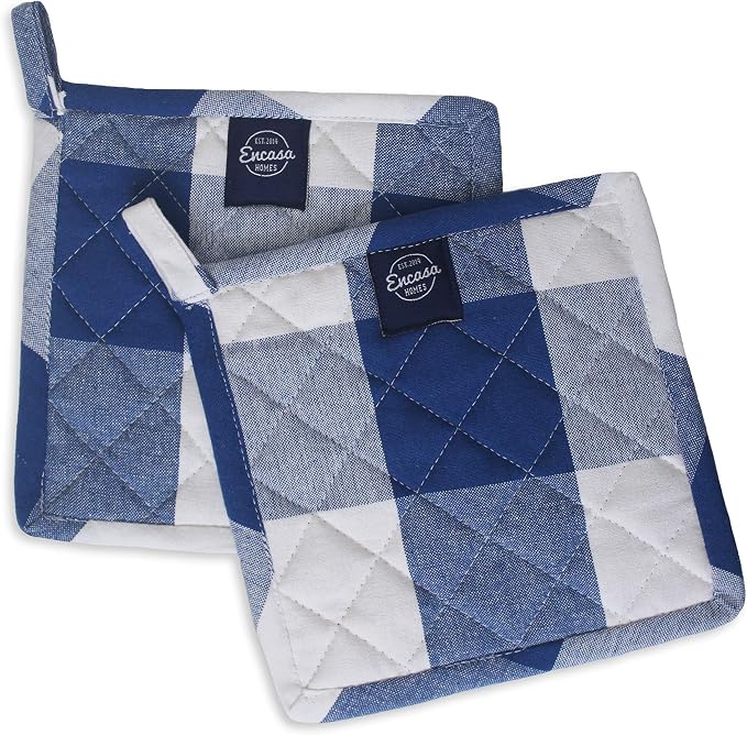 Encasa XO Pot Holders, Quilted Kitchen Hot Pads 8"x8" Buffalo Blue Checks | 100% Eco-Friendly Cotton | Thick Cotton Padding Insulation | Convenient Hanging Loop | Set of 2