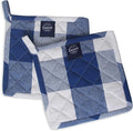 Encasa XO Pot Holders, Quilted Kitchen Hot Pads 8"x8" Buffalo Blue Checks | 100% Eco-Friendly Cotton | Thick Cotton Padding Insulation | Convenient Hanging Loop | Set of 2