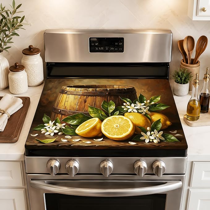 Lemon Floral Stove Top Cover 28.3 x 20.5 Inch, Rustic Farmhouse Glass Cooktop Protector Mat, Vintage Citrus Barrel Electric Range Cover for Kitchen Counter Decor (Lemon Yellow)