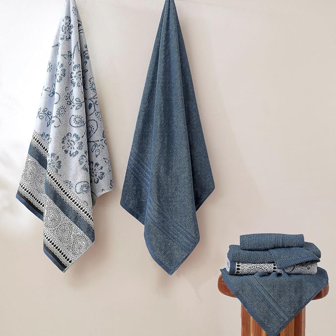 Modern Threads 6 Piece Bath Towel Set – Bathroom Set with 2 Bath Towels, 2 Hand Towels, and 2 Wash Cloths – 100% Cotton, Super Absorbent & Extra Soft – Reversible Floral Trail (Navy)