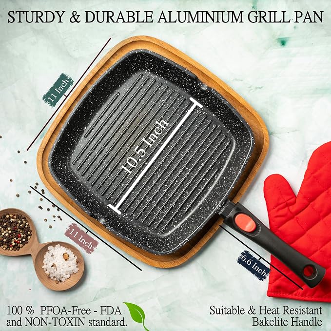Moss & Stone Grill Pan for Indoor Cooking 11Inch Nonstick Square Grill Pan | RV Induction Griddle Pan with Removable Handle for Gas, Electric & Ceramic Stovetops, Oven Safe Skillet with Pour Spouts