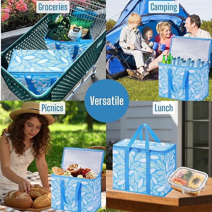 VENO 2 Pack Insulated Cooler Bag Reusable Grocery Bag for Food Delivery | Heavy Duty Large Collapsible Cooler Shopping Tote w/ Zippers, Foldable, Stands Upright for Camping (Spring Breeze, 2 Pack)