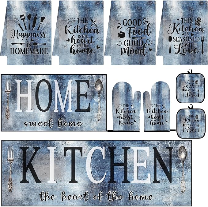 10 Pcs Kitchen Decor and Accessories Set, Rustic Country Blue | Vintage 4 Dish Towels Kitchen Rugs 2 Oven Mitts 2 Pot Holders, Home Decor for Cooking Baking BBQ Gifts Women Mom Housewarming