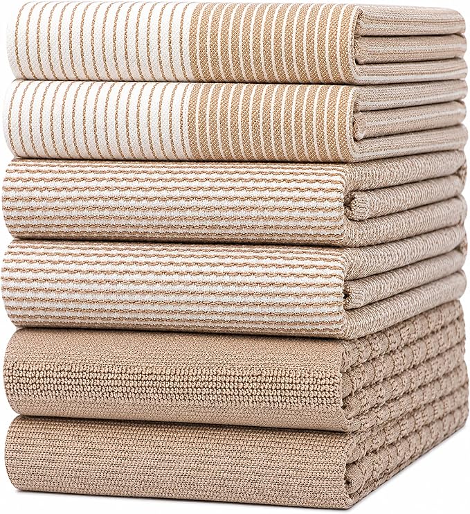 Premium Kitchen Towels 6 Pack 100% Cotton, 20"x28" Dish Towels - Tan | Large Flat & Terry Kitchen Linen Set with Hanging Loops, Highly Absorbent for Washing and Drying Dishes