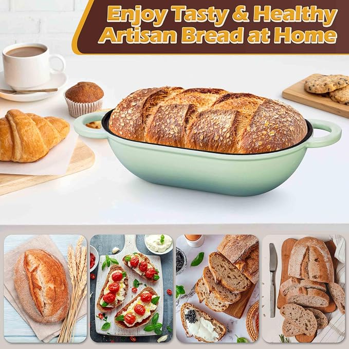 Homikit Enameled Cast Iron Dutch Oven for Bread Baking, 2.8 QT Oval Bread Oven Pot with Lid, 9.5 x 5.7 Inch Sourdough Loaf Baking Pan for Homemade Bread, Heavy Duty & Oven Safe, Pistachio Green