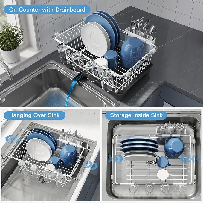 JASIWAY White Dish Drying Rack in Sink with Drainboard and Utensil Holder | Use Over the Sink or Counter, Stainless Steel Expandable Dish Drainer for Small Kitchen, Space Saving, Fast Drain, Rustproof