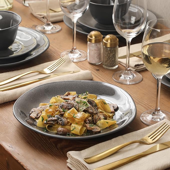 Gibson Elite Port Barton Plates and Bowls Sets, 12-Piece Stoneware Dinnerware Sets, Reactive Glaze Dish Set - Black