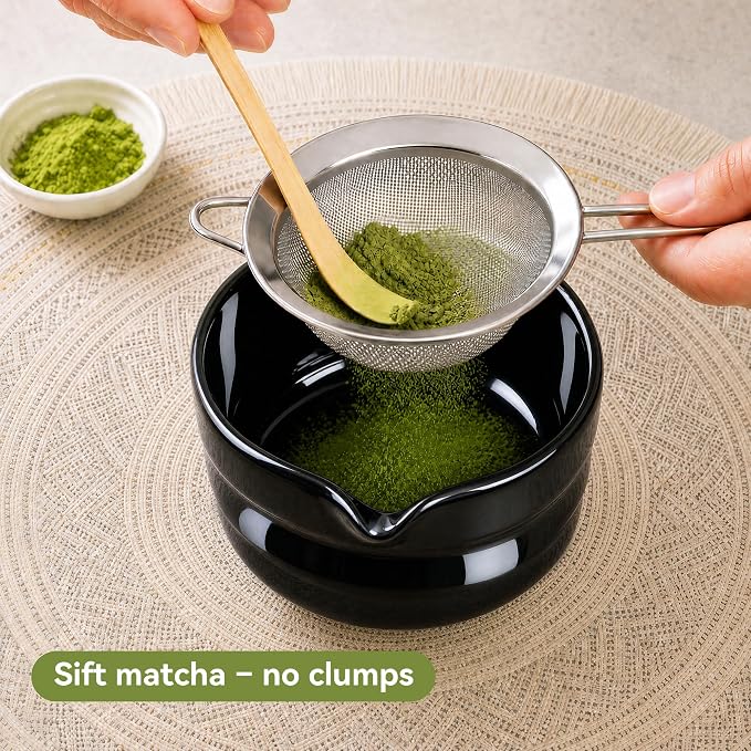 Matcha Whisk Set with Modern Black Ceramic Bowl - Japanese Tea Ceremony Essentials, Includes Bamboo Whisk (Chasen), Holder, Matcha Powder Sifter, Scoop, Complete Preparation Kit