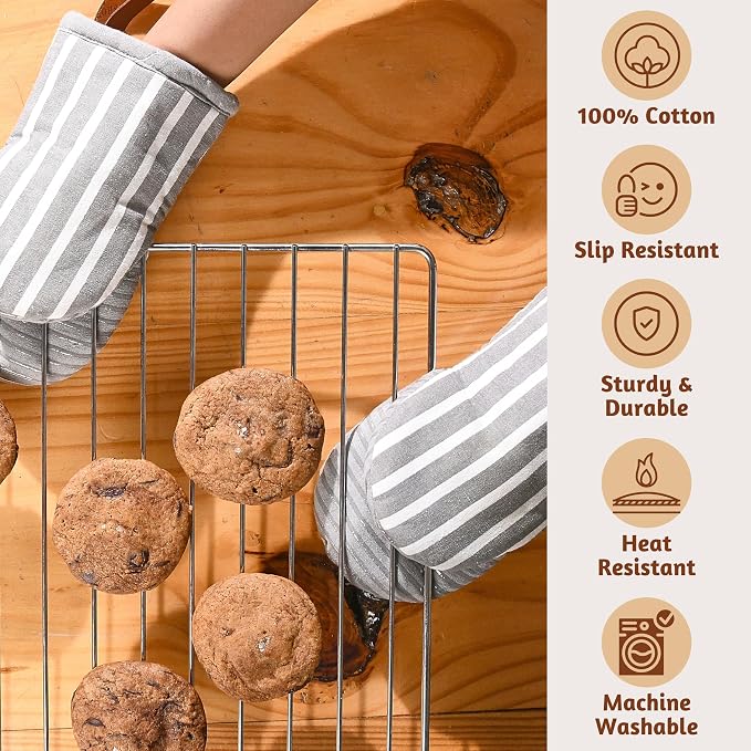 Folkulture Oven Mitts, Striped Gray, Set of 2, Heat Resistant - (5.75"x9") | 100% Cotton, Non Slip, Silicone, Cute Striped Mini Mits with Hanging Loop, Kitchen Décor, Cooking Gifts, New Home Essentials