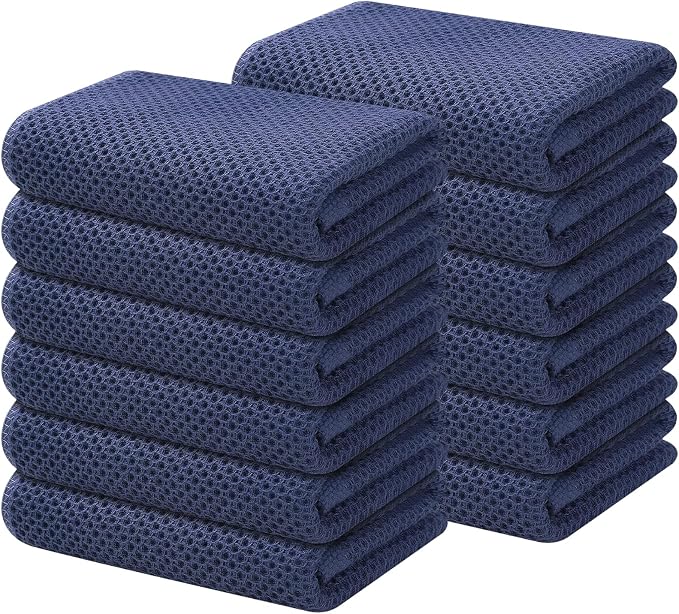 Kitinjoy 100% Cotton Waffle 12-Pack Kitchen Towels, 13" x 28", Navy Blue | Super Soft, Ultra-Absorbent, Fast Drying, lightweight, Quick Drying Kitchen Hand Towels