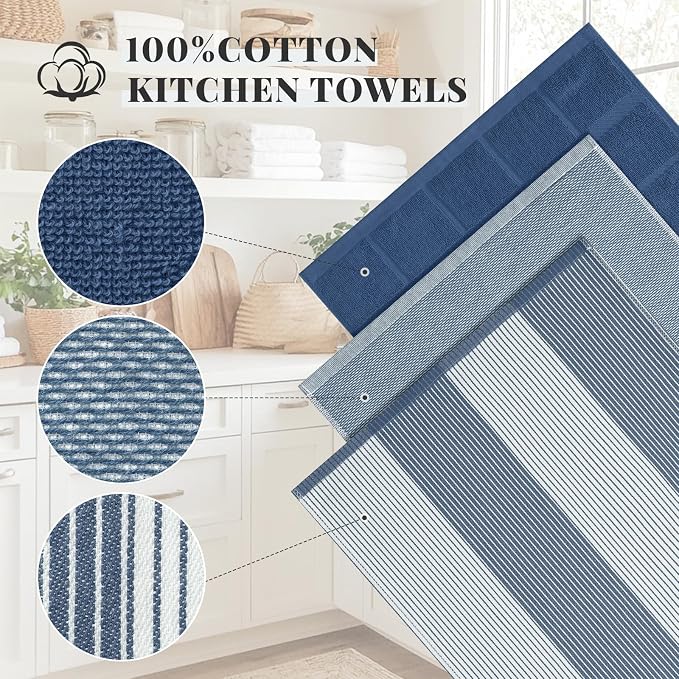 Homaxy 9 Pack Cotton Terry Premium Kitchen Towels, 18 x 28 in, Navy Blue | Large 380 GSM Dish Towels, Highly Absorben Flat & Terry Kitchen Hand Towels, Soft Utility Tea Towel Set with Hanging Loop