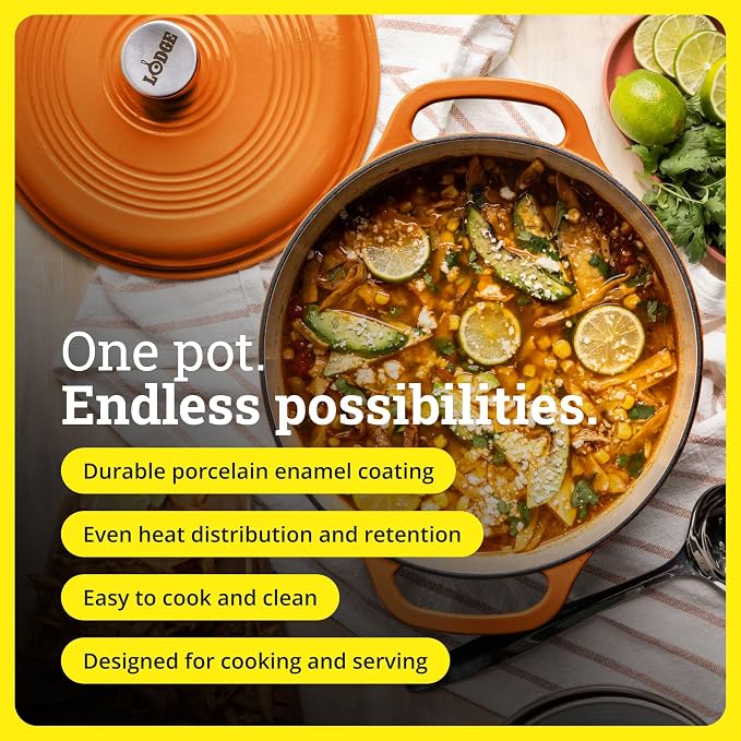 Lodge Essential Enamel Cast Iron Dutch Oven 6 Quarts - Perfect for Bread Baking, Braising, Marinating & Slow Cooking, Features Moisture-Sealing Lid & Dual Handles, Kitchen Essentials, Pumpkin