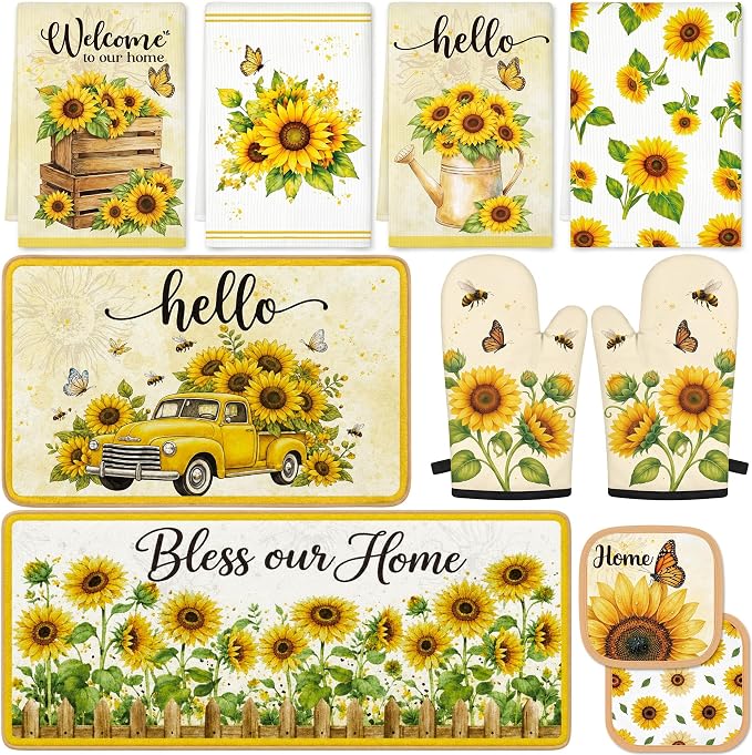 Tieshankao 10Pcs Sunflower Kitchen Decor Accessories Set | Yellow Sunflower Floral Theme, Kitchen Towels, Oven Mitts, Pot Holders, Rugs and Mats, Baking Supplies, Housewarming Gifts