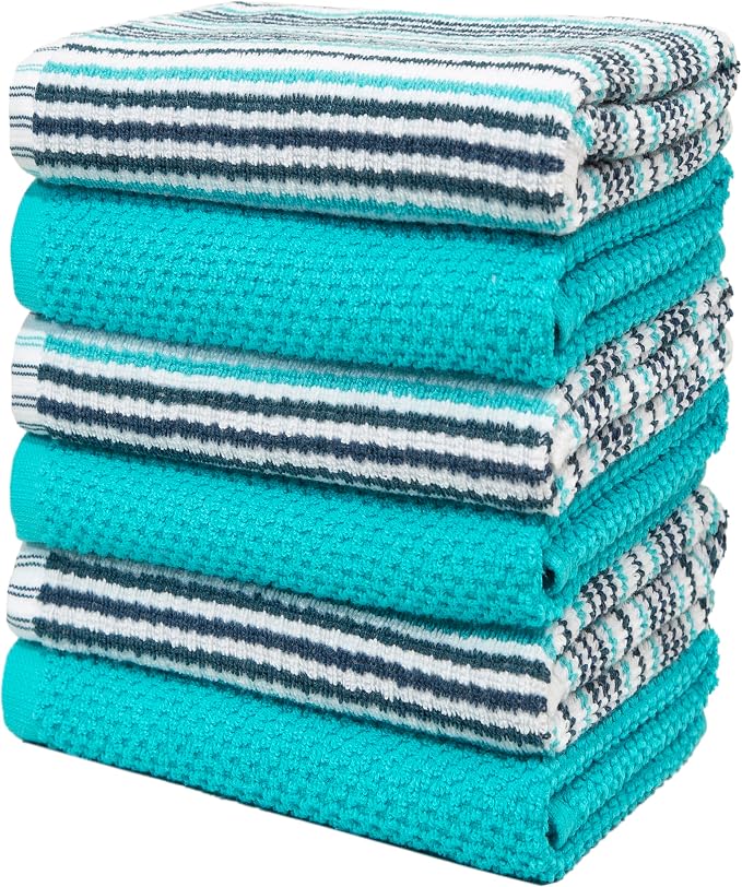 Bumble Kitchen Towels 6 Pack 100% Cotton 16"x26" - Aqua | 430 GSM Soft Kitchen Hand Towels with Hanging Loop, Highly Absorbent & Durable for Washing and Drying Dishes