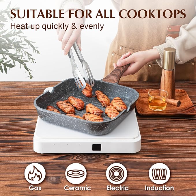 SENSARTE Nonstick Grill Pan with Lid, Grill Pan for Stove Tops, Versatile Griddle Pan with Pour Spouts, Square Grill Pan for Big Cooking Surface, Grill Skillet for Indoor Outdoor Grilling. PFOA Free